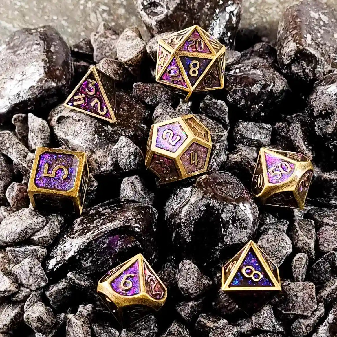 Glittering Royal Purple Metal DnD Dice Set DiceBag.co.uk