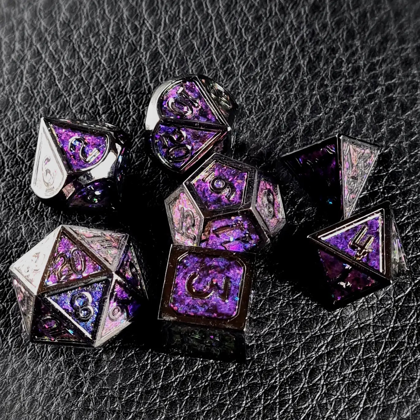 Glittering Dark Magenta Metal DnD Dice Set DiceBag.co.uk