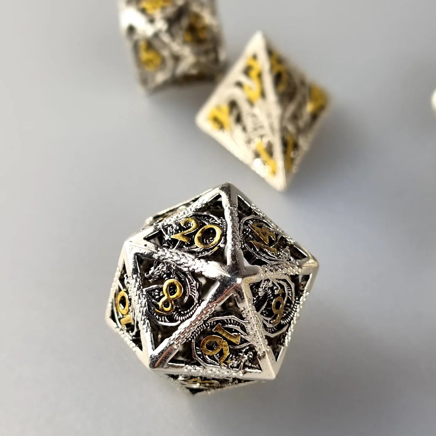 Silver & Gold Dragon Metal DnD Dice Set DiceBag.co.uk