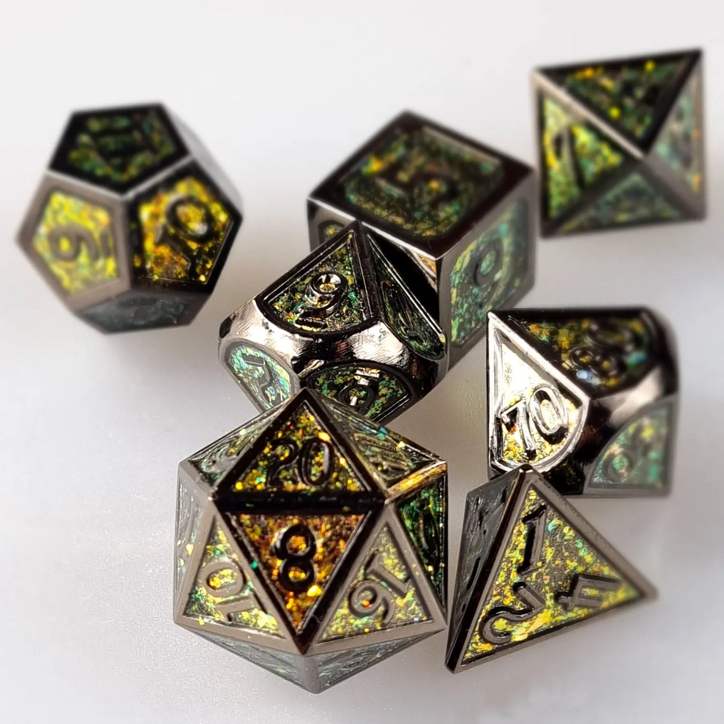Glittering Chartreuse Metal DnD Dice Set DiceBag.co.uk