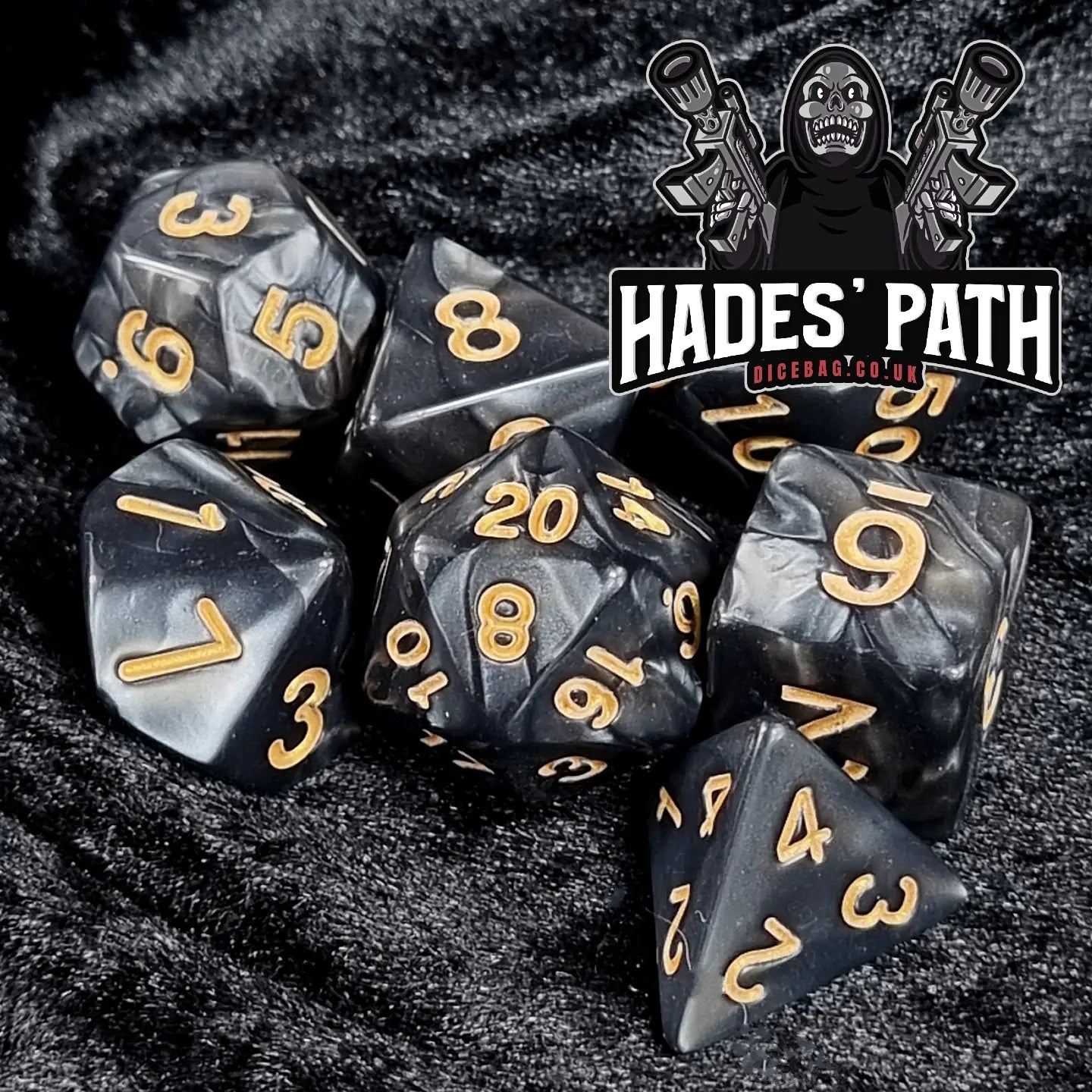 Hades' Path Marbled Acrylic Polyhedral Dungeons & Dragons Dice Set - Black Dice Set Udixi