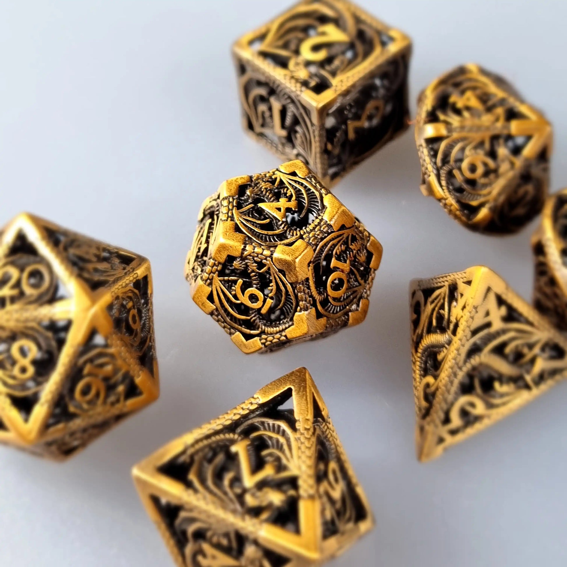 Vintage Brass Dragon Metal DnD Dice Set  DiceBag.co.uk