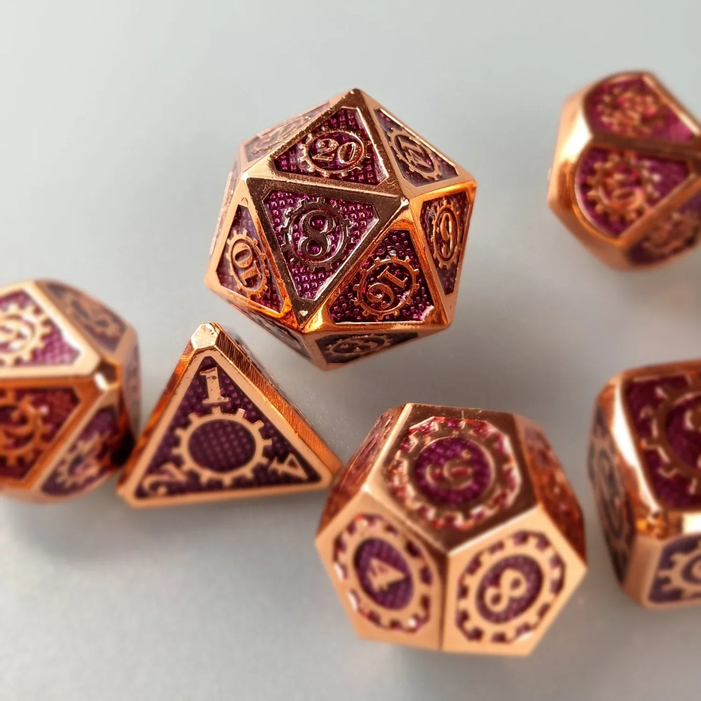 Copper Purple Cogs & Gears Metal DnD Dice Set  DiceBag.co.uk