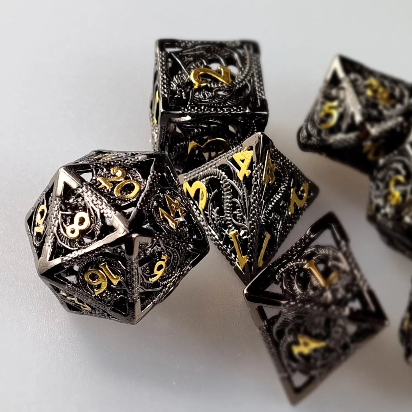 Gunmetal & Gold Dragon Metal DnD Dice Set  DiceBag.co.uk