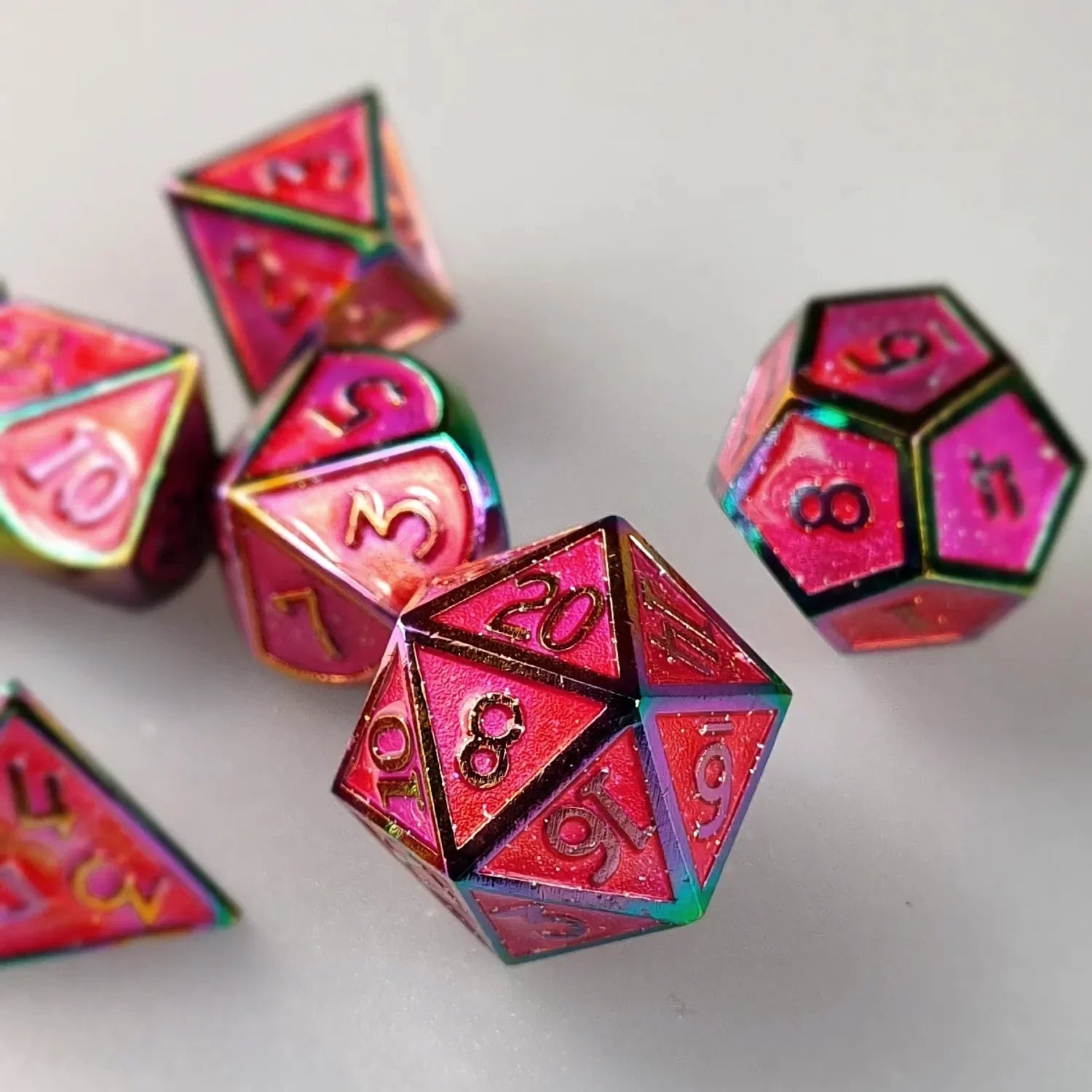 Glittering Fuchsia Metal DnD Dice Set  DiceBag.co.uk