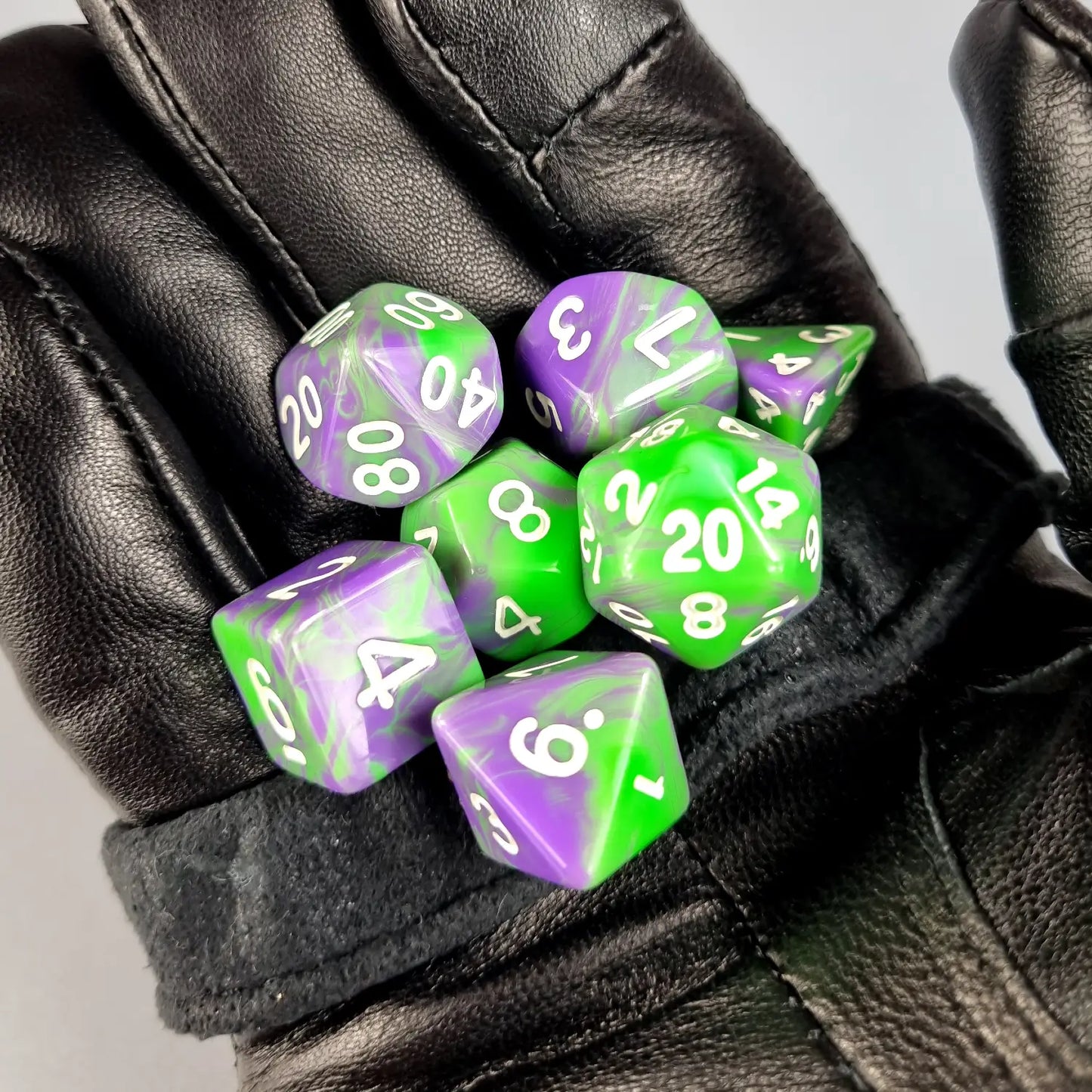 Purple & Green Dual Swirl Dungeons & Dragons Dice Set  DiceBag.co.uk